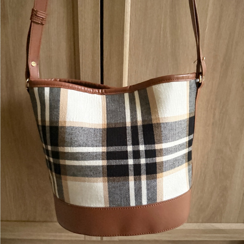 LOFT Brown and Cream Plaid Bucket Bag
